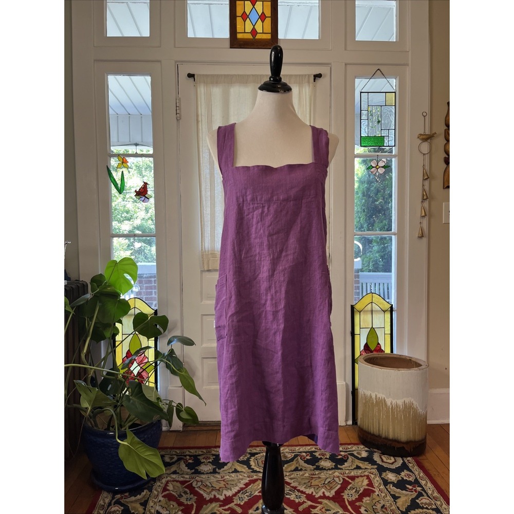 M&M 100% Linen Cross Back Smock Apron One Size Purple Molly Morris Design $100